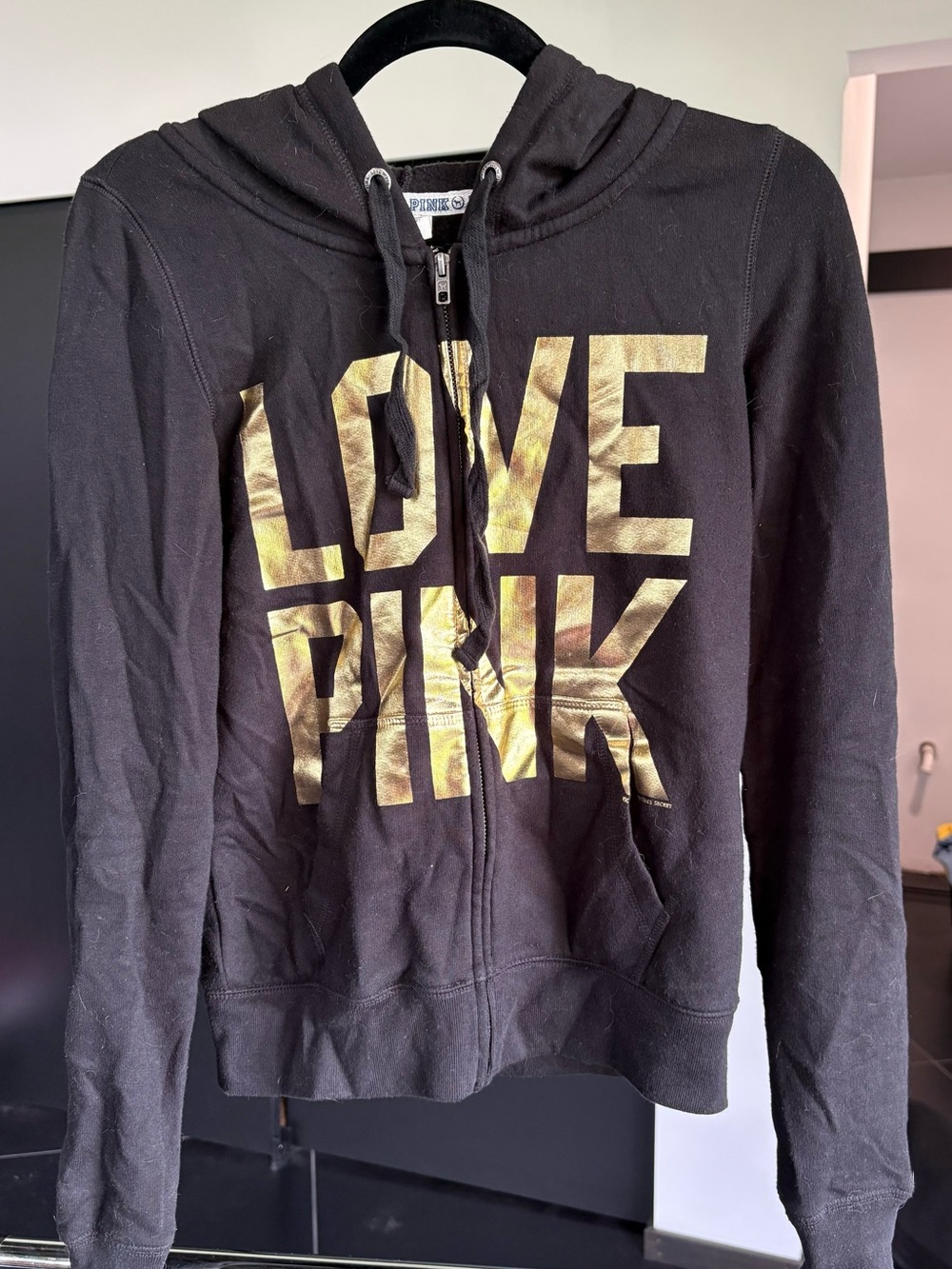 Y2K Cheetah Sequin Victoria's Secret PINK Black Zip-Up Hoodie with Gold 86